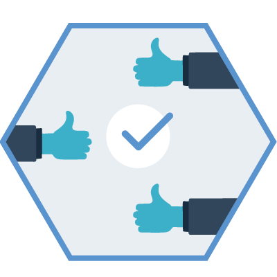 hexagon shaped graphic with three thumbs up and a check mark in the middle