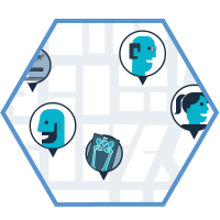 hexagon shaped graphic with a street map and people's heads in speech bubbles around the map