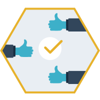 hexagon shaped graphic with three thumbs up and a check mark in the middle